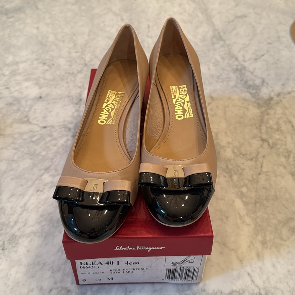 Ferragamo Tan and Black Pumps
